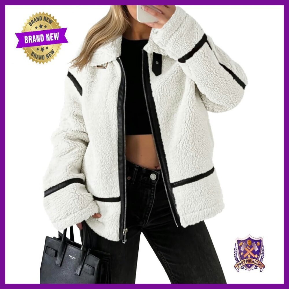 Faux Fur Sherpa Moto Jacket with Leather Patchwork Zip Up Coat